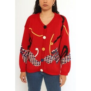 Bugle Boy Classics Red Novelty Knit Cardigan Colorful Gift Sweater Medium
